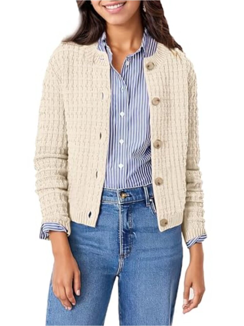 Women's Cropped Knit Cardigan, Crewneck, Open Front, Button Down, Long Sleeve